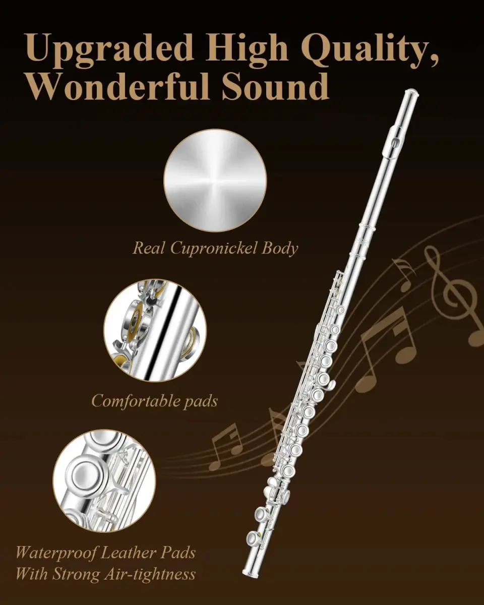 Eastar EFL-1S 16-Key Closed Hole C Flute Kit | Silver Plated Beginner Transverse Flute with Case & Cleaning Tools - view 4