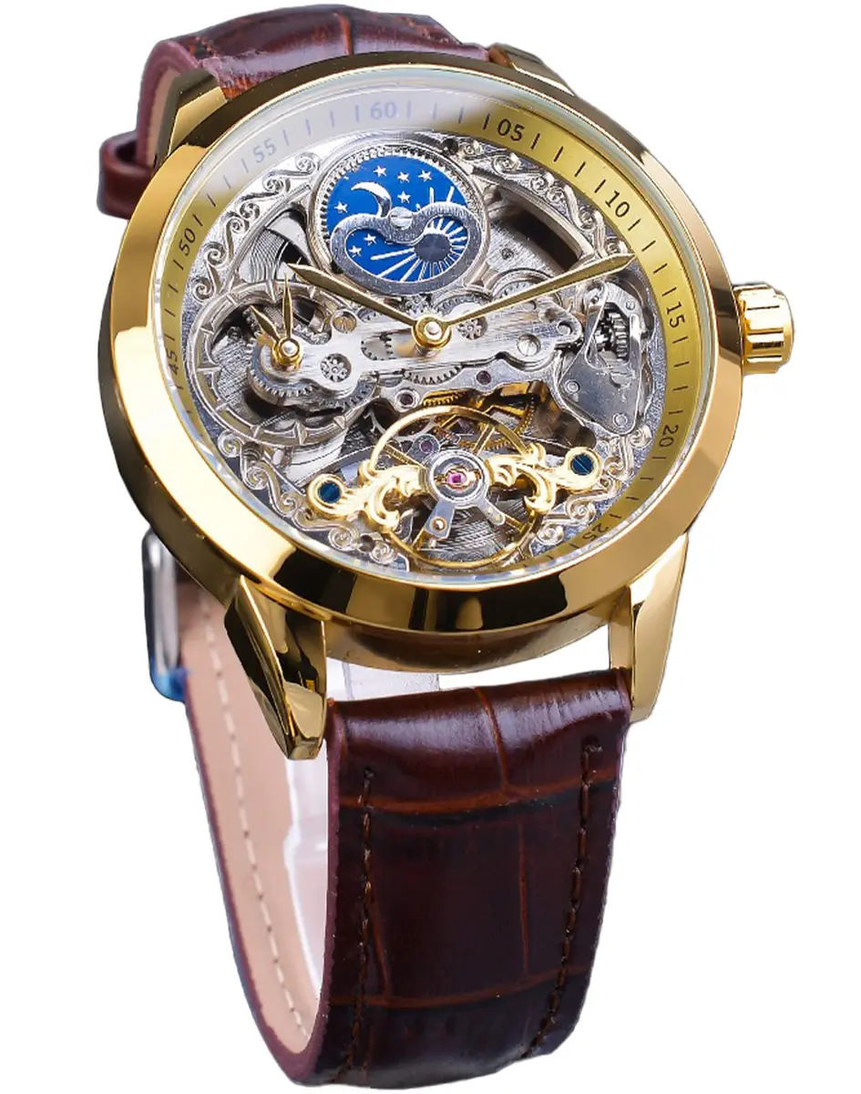 FORSINING Men's Skeleton Moon Phase Watch 43mm | Automatic Dual Time Zone Luxury Leather - main product image