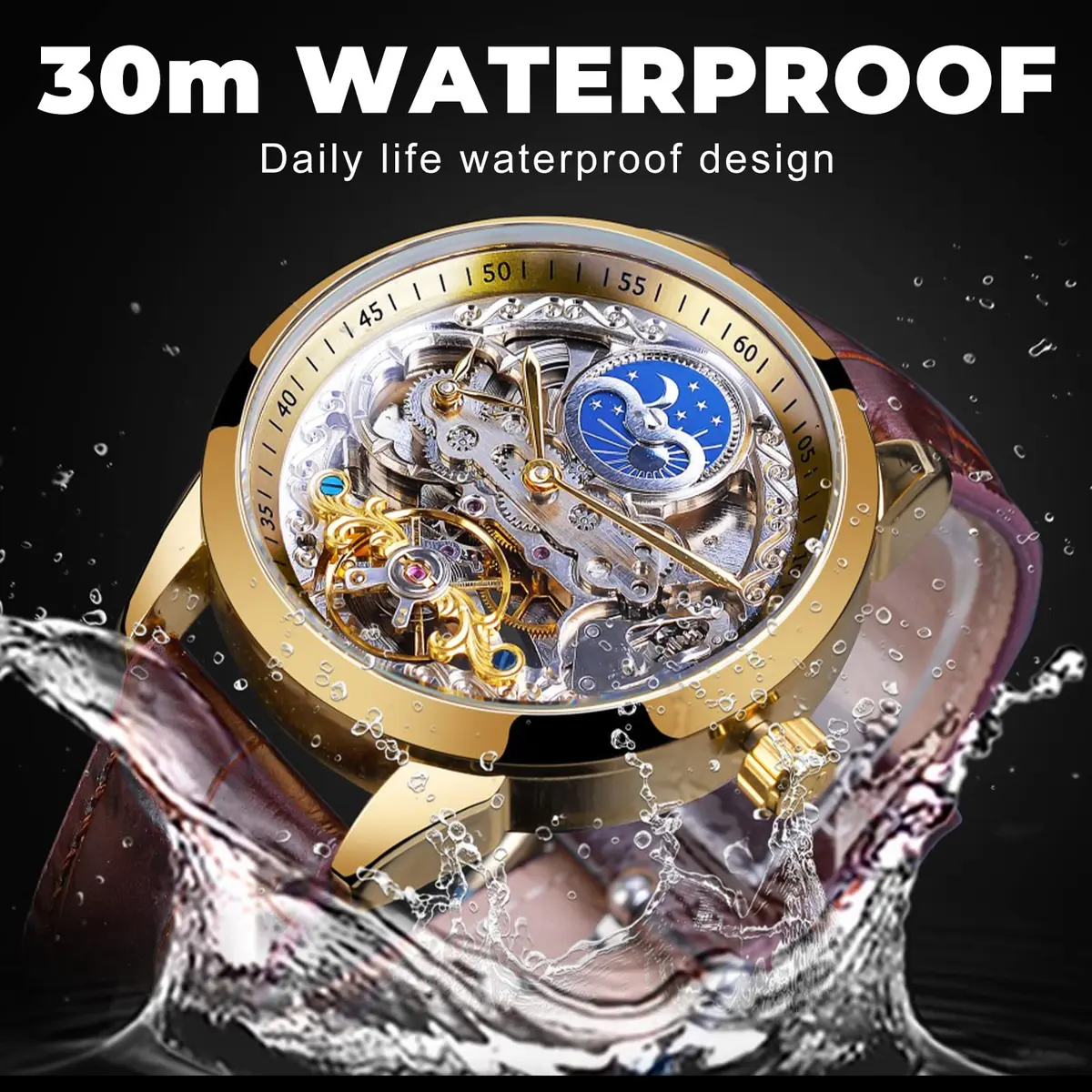 FORSINING Men's Skeleton Moon Phase Watch 43mm | Automatic Dual Time Zone Luxury Leather - view 5