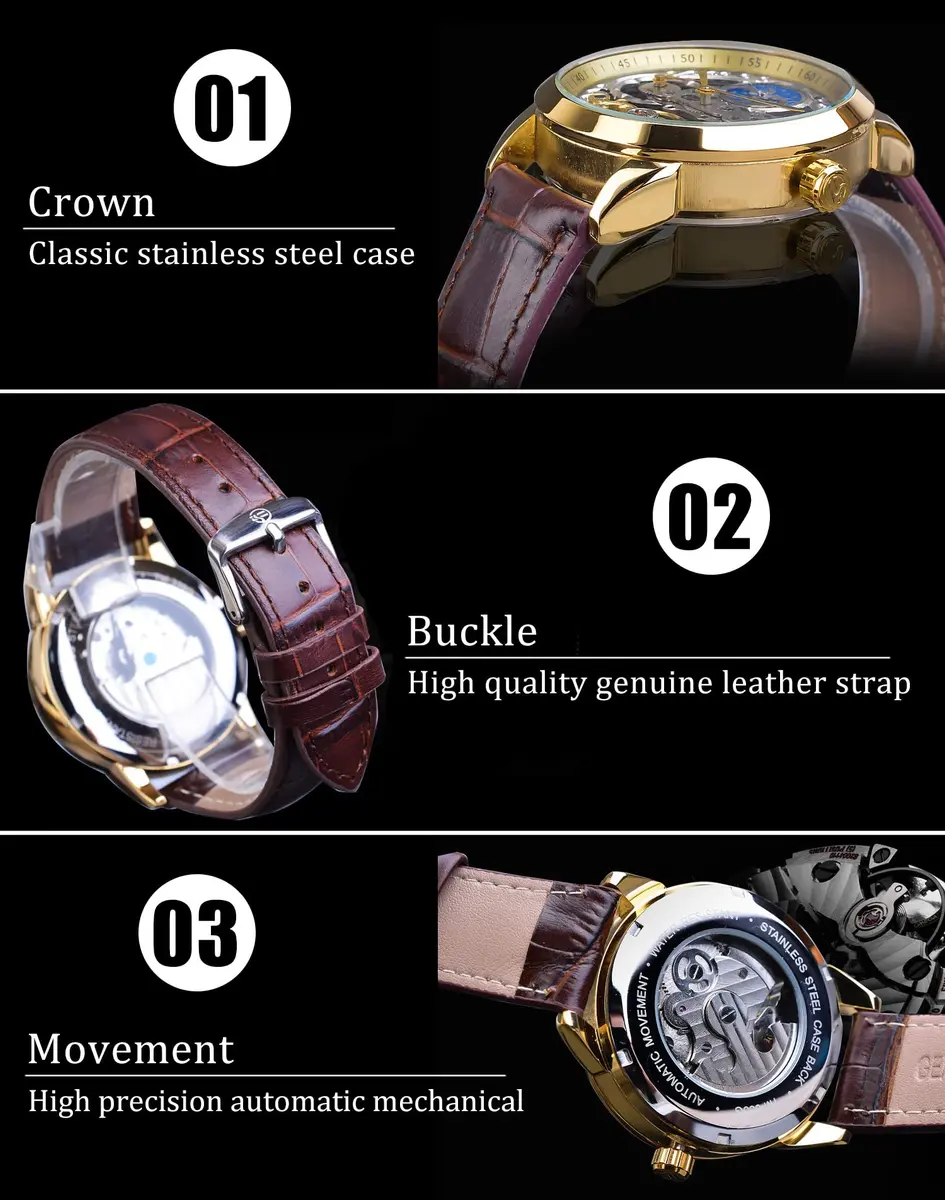 FORSINING Men's Skeleton Moon Phase Watch 43mm | Automatic Dual Time Zone Luxury Leather - view 6