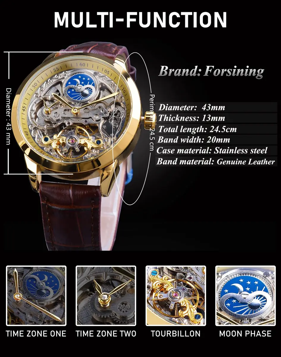 FORSINING Men's Skeleton Moon Phase Watch 43mm | Automatic Dual Time Zone Luxury Leather - view 7