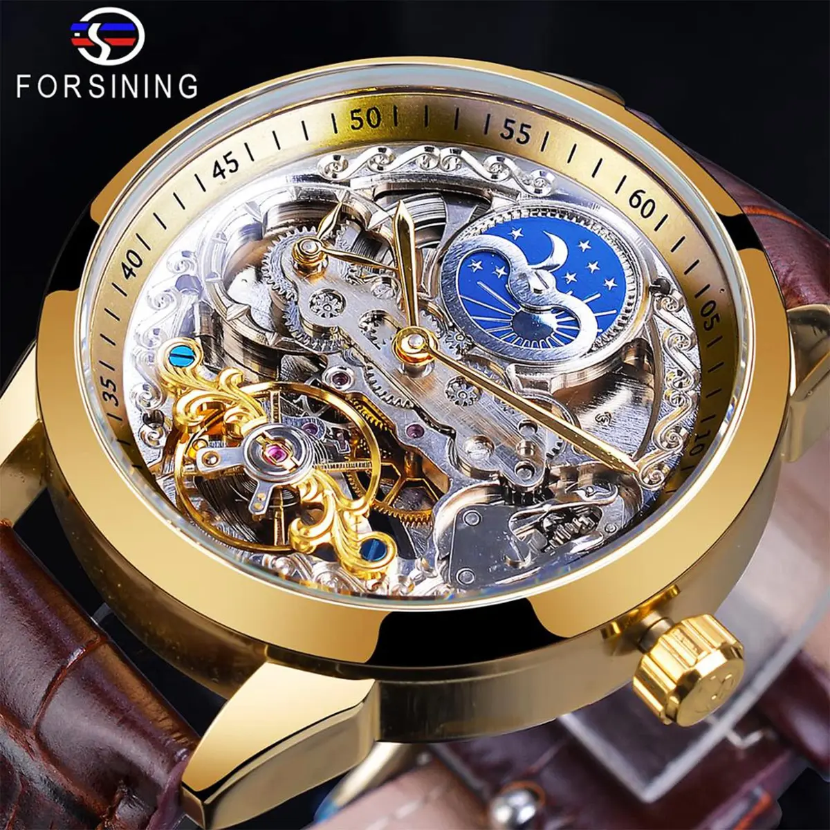 FORSINING Men's Skeleton Moon Phase Watch 43mm | Automatic Dual Time Zone Luxury Leather - view 2