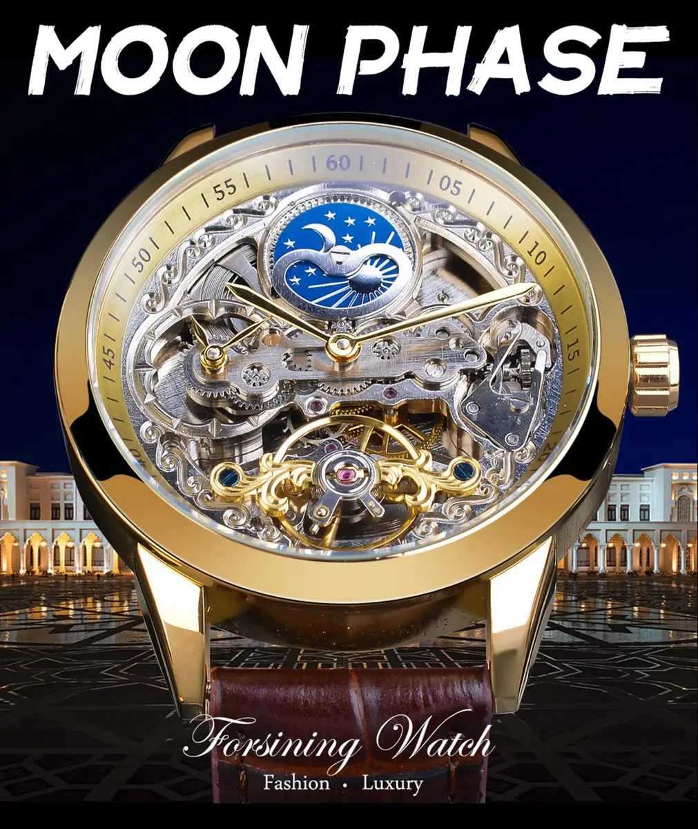 FORSINING Men's Skeleton Moon Phase Watch 43mm | Automatic Dual Time Zone Luxury Leather - view 3