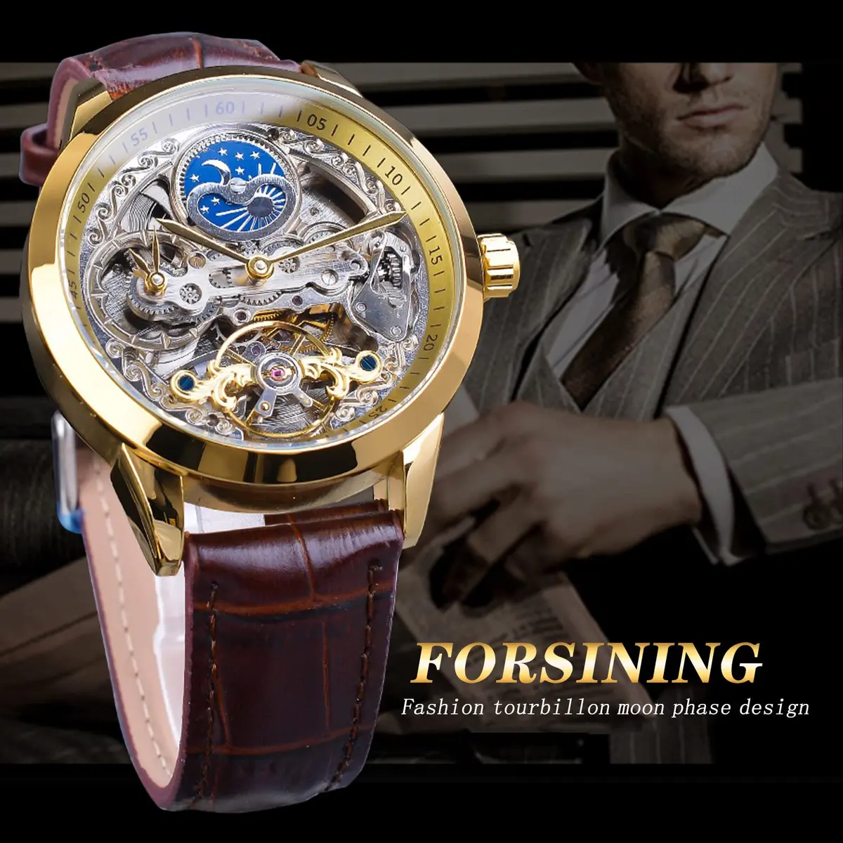 FORSINING Men's Skeleton Moon Phase Watch 43mm | Automatic Dual Time Zone Luxury Leather - view 4