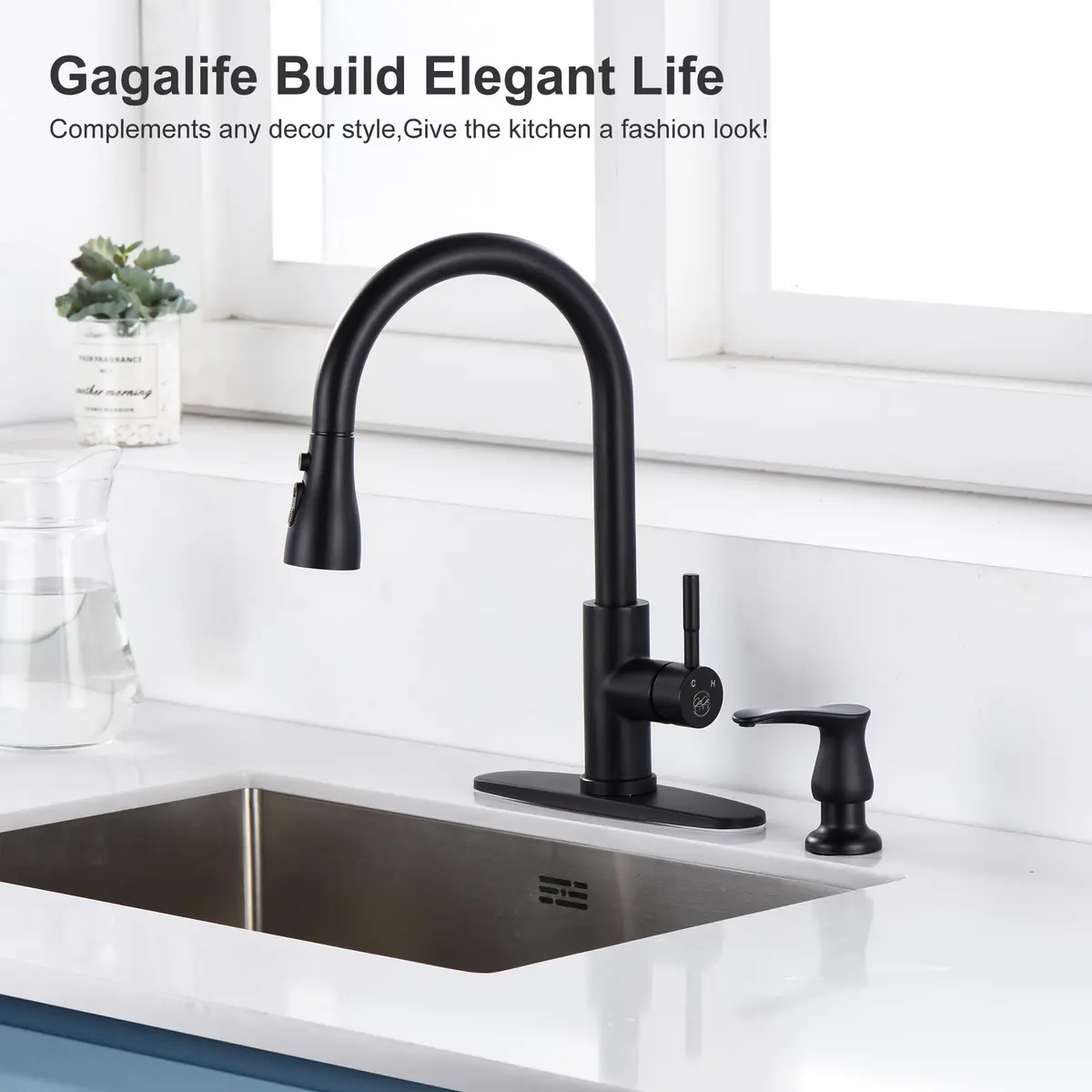 GAGALIFE Built-in Soap Dispenser for Kitchen Sink with 500ml Bottle, Matte Black | Easy Refill & Installation - view 2