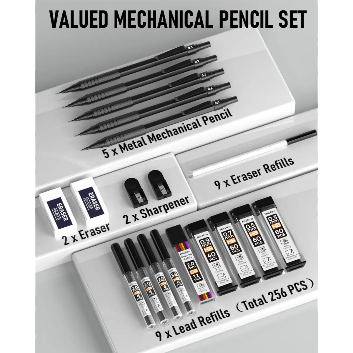 Nicpro Mechanical Pencil Set 27PCS | Metal Drawing & Writing with Lead Eraser - view 7