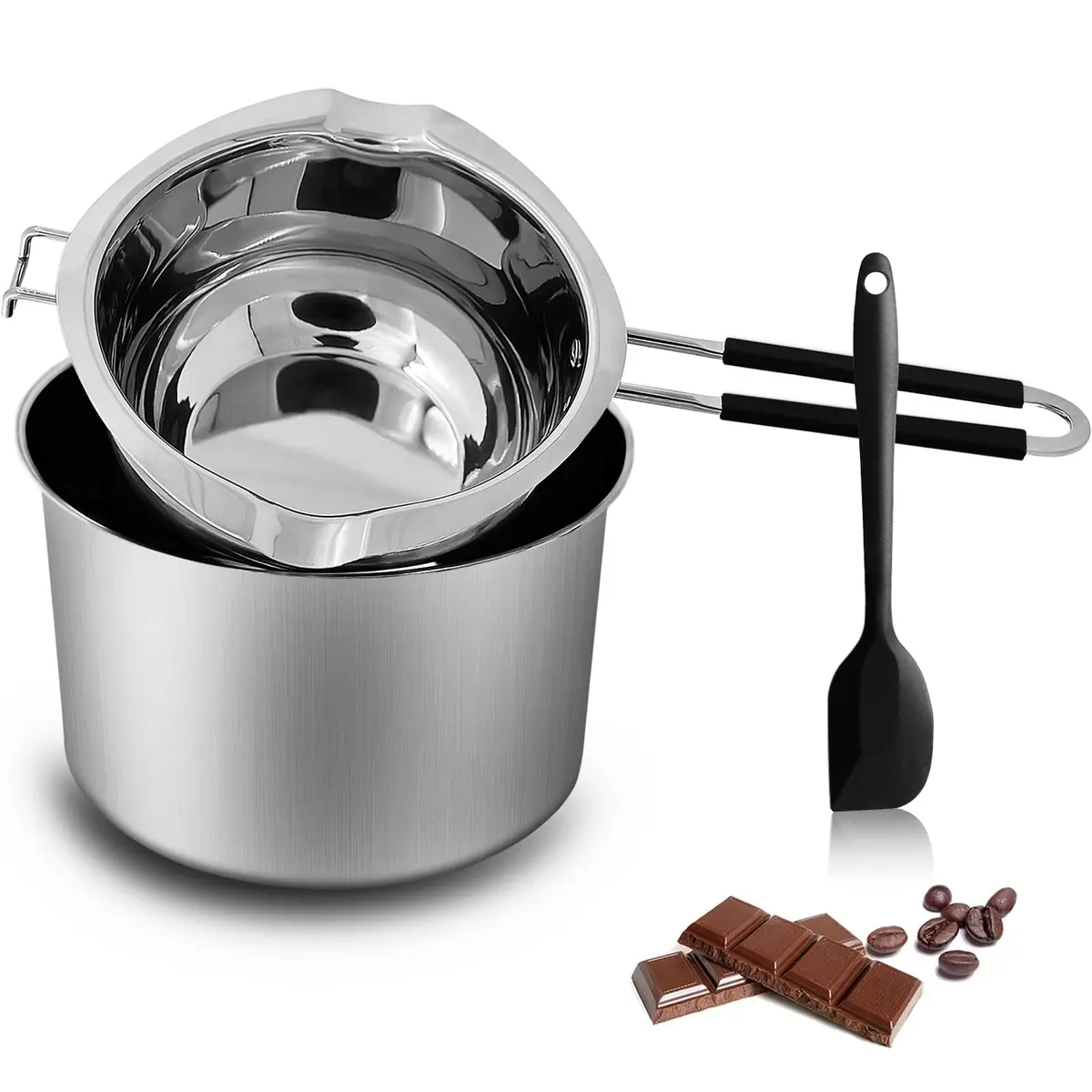 SONGZIMING Double Boiler Pot Set with Silicone Spatula, 1200ML + 2800ML Stainless Steel Pots | Induction Compatible - main product image