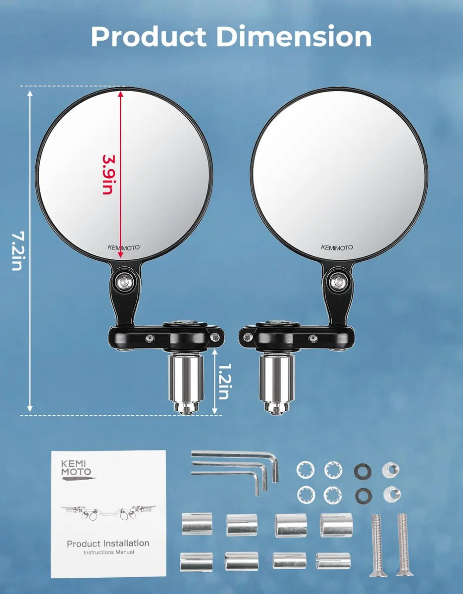 KEMIMOTO Motorcycle Handlebar Mirror, 360° Rotatable, Black | Wide Field of View & Durable Aluminum - view 7