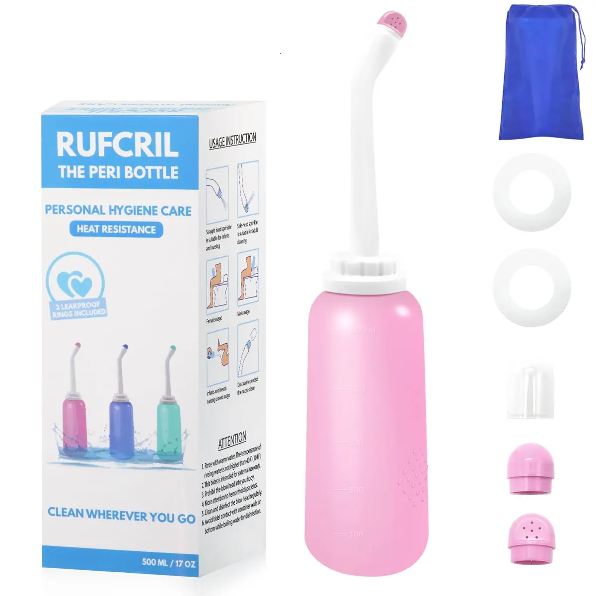 RUFCRIL Peri Bottle Postpartum 500ml | Boilable TPE, Travel Bag, Feminine & Baby Care - main product image