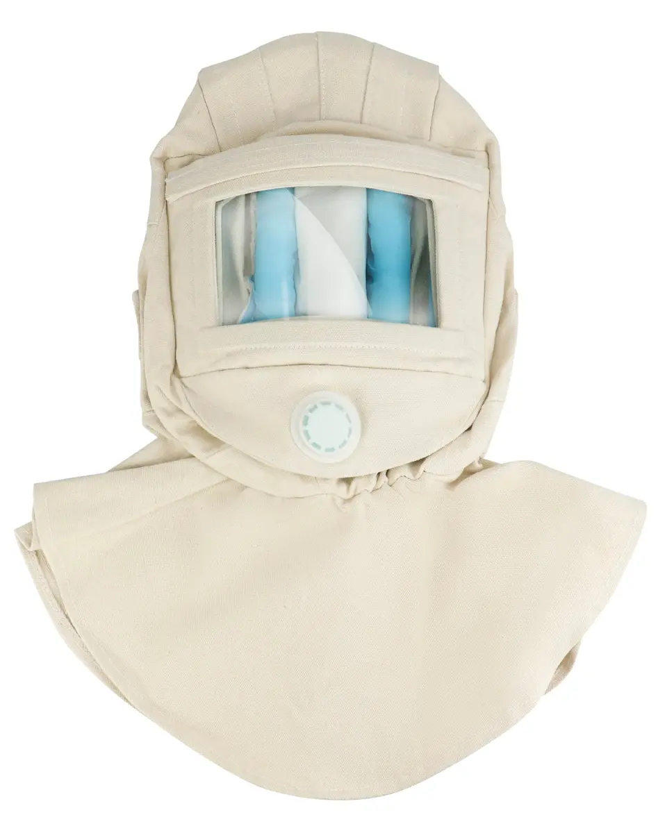 QWORK Sand Blasting Hood Cap with Clear Vision Face Shield and Neck Protector, White | Heavy Duty Canvas & Plastic - main product image