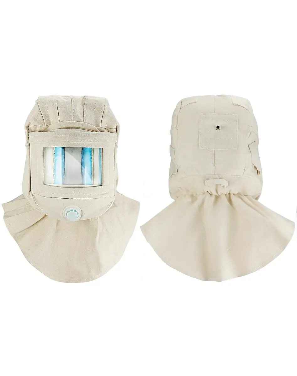 QWORK Sand Blasting Hood Cap with Clear Vision Face Shield and Neck Protector, White | Heavy Duty Canvas & Plastic - view 2