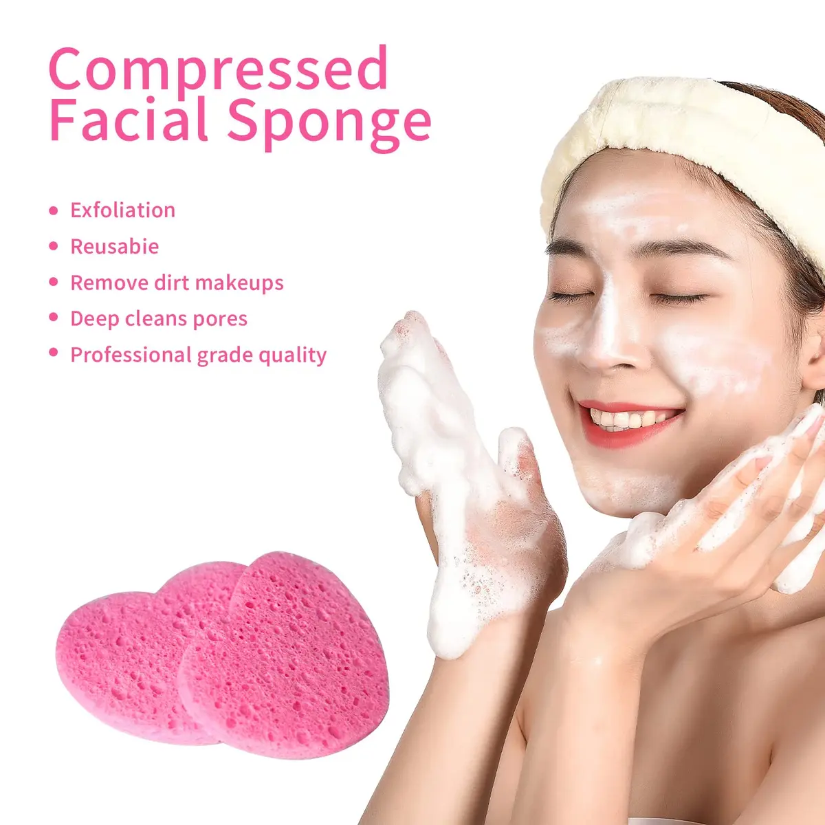 Spunspon Compressed Facial Sponges Pink Heart Shape 50 Count (1 Pack) | Gentle Daily Face Wash & Makeup Removal - view 6