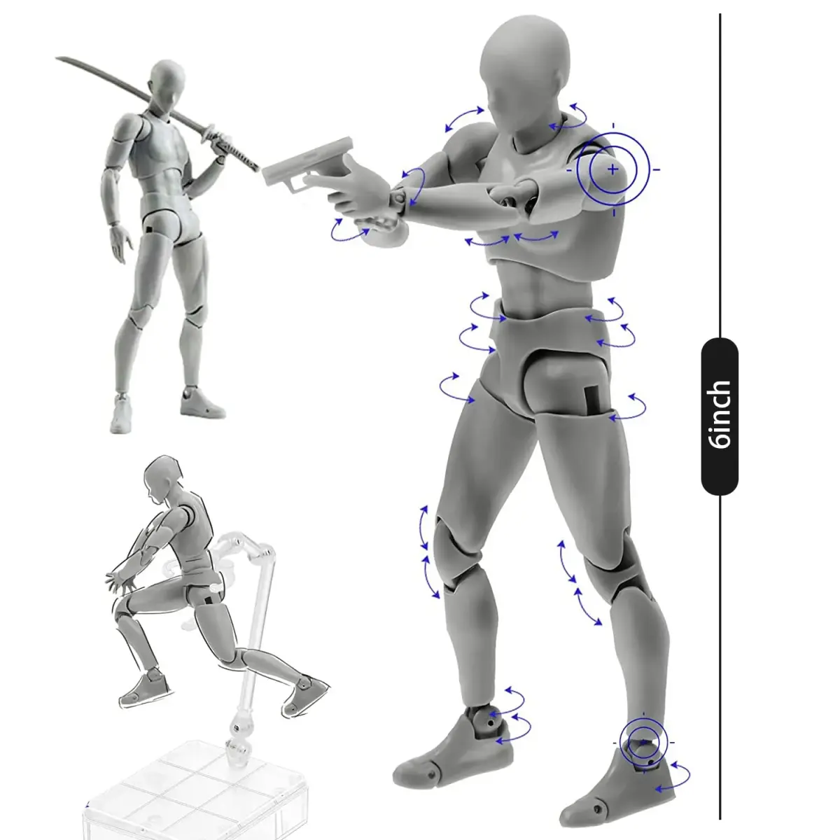 Haniforever Articulated Manikin Figure 15 cm (6 inch) Male Grey | Realistic Poseable Artist Model for Sketching - view 3