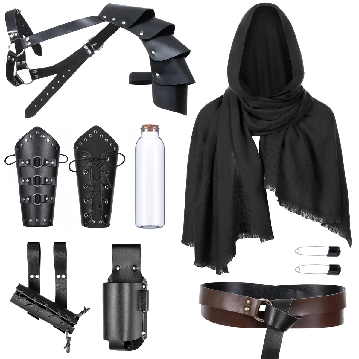 ALAMIYA Medieval Knight Leather Belt Shawl Men Renaissance Half Shoulder Cape Scarf Buckle Bracers Retro Magic Cork Potion Bottle Sword Frog Accessories - main product image