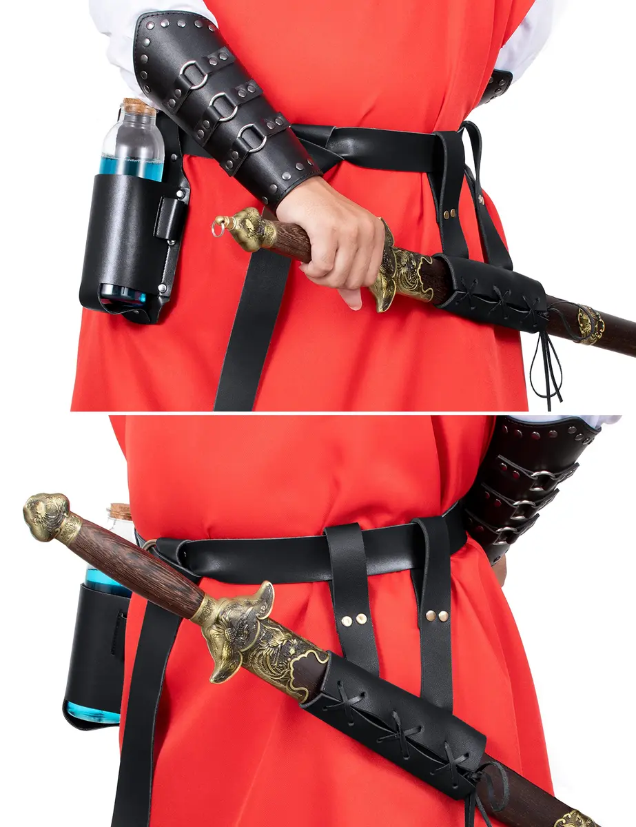 ALAMIYA Medieval Knight Leather Belt Shawl Men Renaissance Half Shoulder Cape Scarf Buckle Bracers Retro Magic Cork Potion Bottle Sword Frog Accessories - view 2