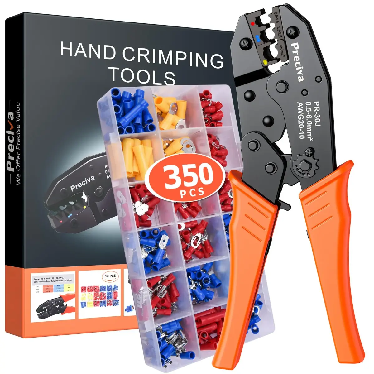 Preciva Ratcheting Wire Terminal Crimping Tool Kit AWG20-10 (0.5-6mm²) with 350PCS Insulated Connectors | Crimps Electrical Connections Reliably - main product image