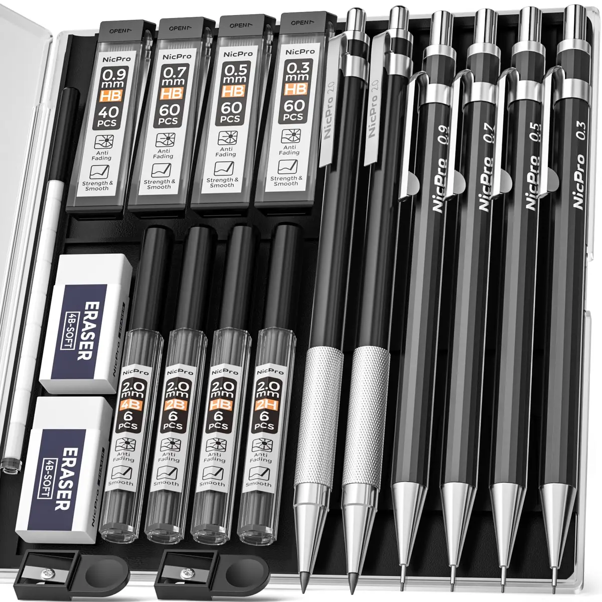 Nicpro 6 PCS Art Mechanical Pencil Set, Black Metal Drafting Pencils 0.3, 0.5, 0.7, 0.9 mm & 2PCS 2mm Lead Holders | Artist & Student Favorite - main product image