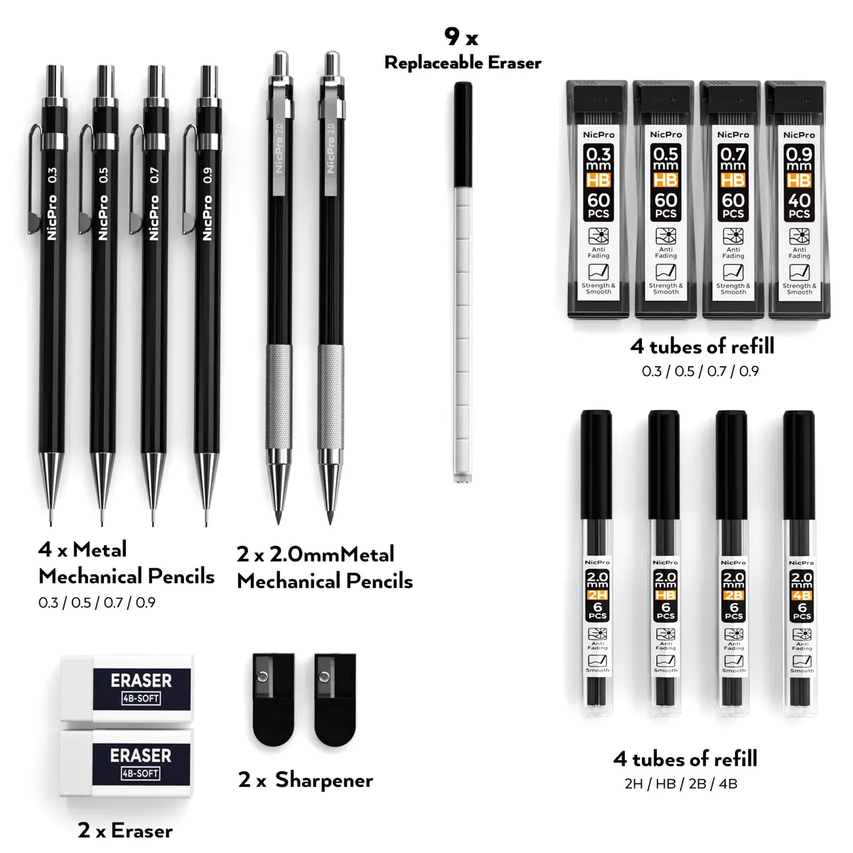 Nicpro 6 PCS Art Mechanical Pencil Set, Black Metal Drafting Pencils 0.3, 0.5, 0.7, 0.9 mm & 2PCS 2mm Lead Holders | Artist & Student Favorite - view 5
