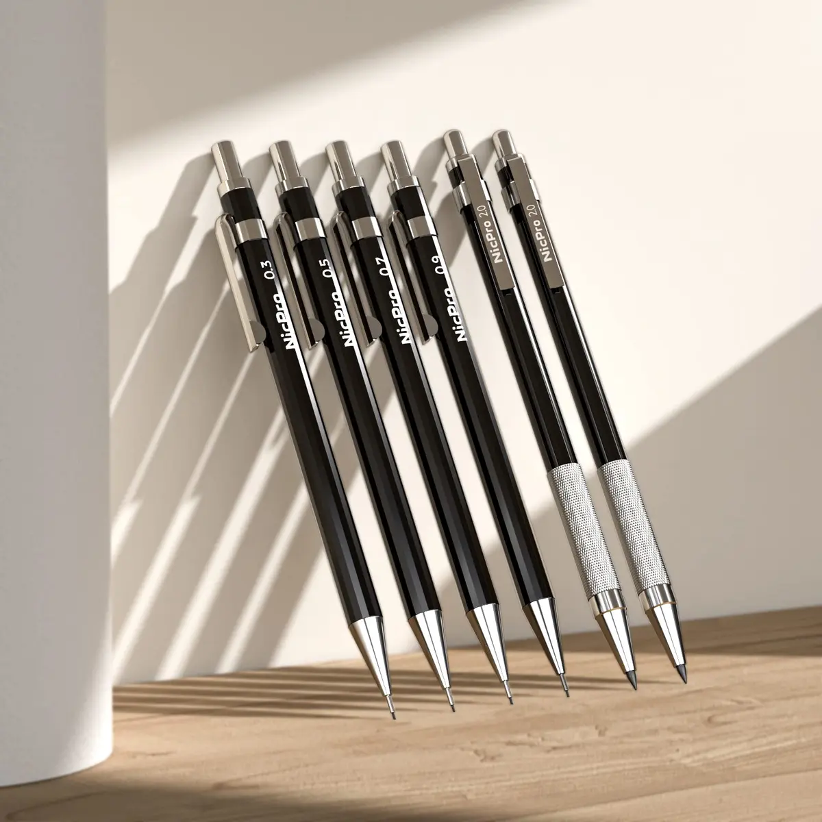 Nicpro 6 PCS Art Mechanical Pencil Set, Black Metal Drafting Pencils 0.3, 0.5, 0.7, 0.9 mm & 2PCS 2mm Lead Holders | Artist & Student Favorite - view 6