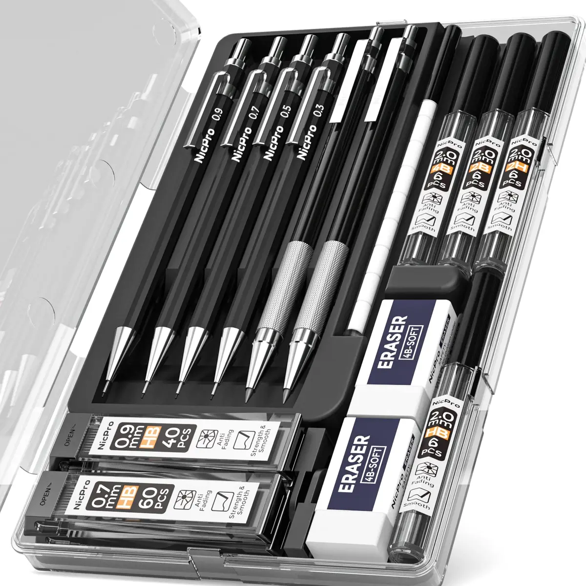Nicpro 6 PCS Art Mechanical Pencil Set, Black Metal Drafting Pencils 0.3, 0.5, 0.7, 0.9 mm & 2PCS 2mm Lead Holders | Artist & Student Favorite - view 9