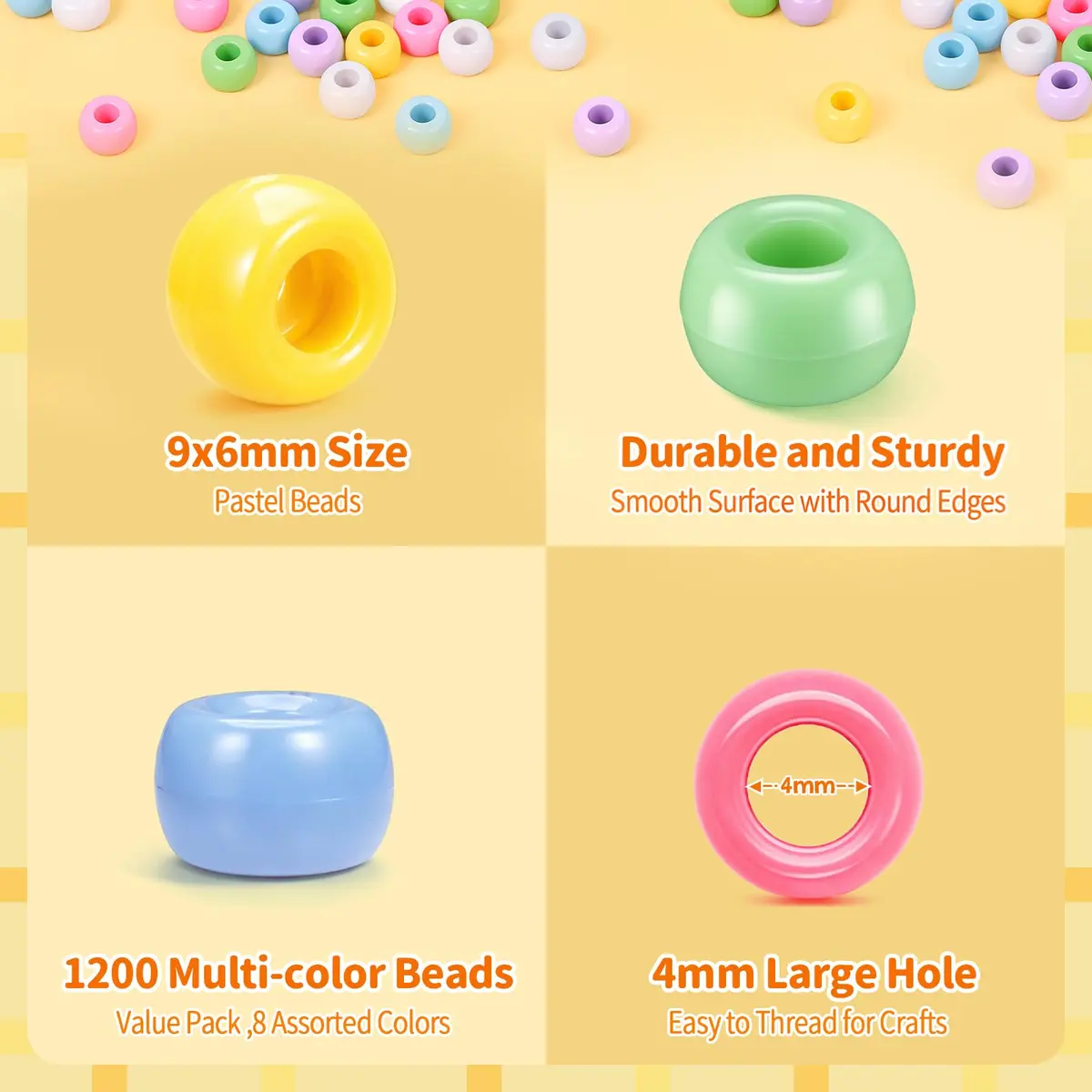 Simetufy Pony Beads 1200 pcs Macaron Pastel Colored Beads for Crafts | 6x9mm Plastic Beads for Jewelry & DIY Projects - view 4