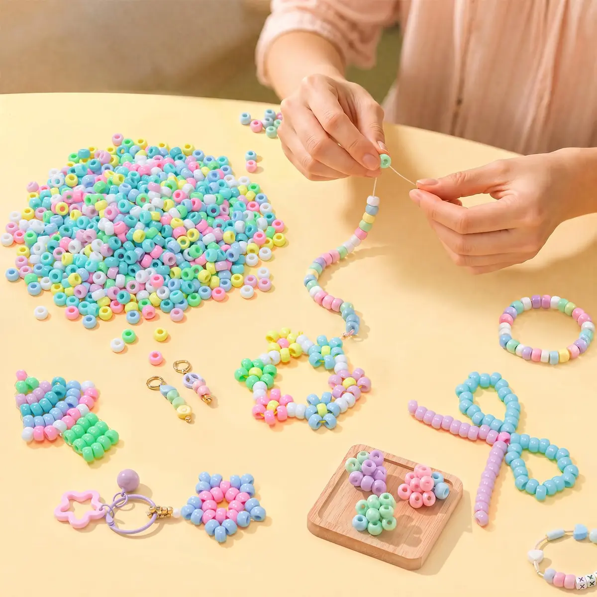 Simetufy Pony Beads 1200 pcs Macaron Pastel Colored Beads for Crafts | 6x9mm Plastic Beads for Jewelry & DIY Projects - view 5