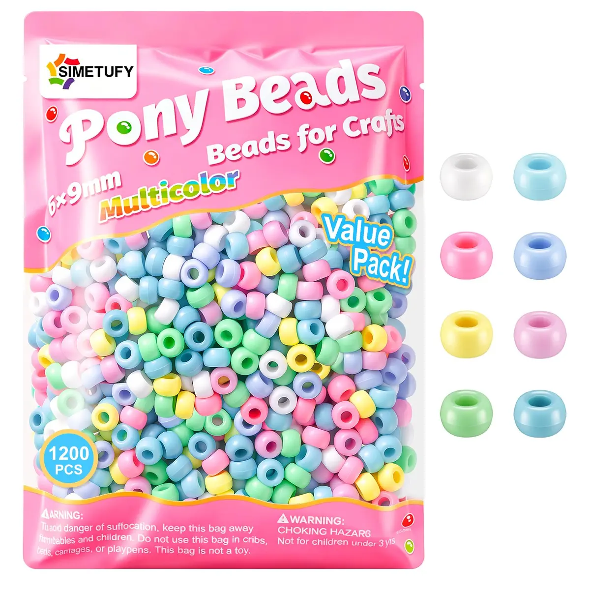 Simetufy Pony Beads 1200 pcs Macaron Pastel Colored Beads for Crafts | 6x9mm Plastic Beads for Jewelry & DIY Projects - main product image