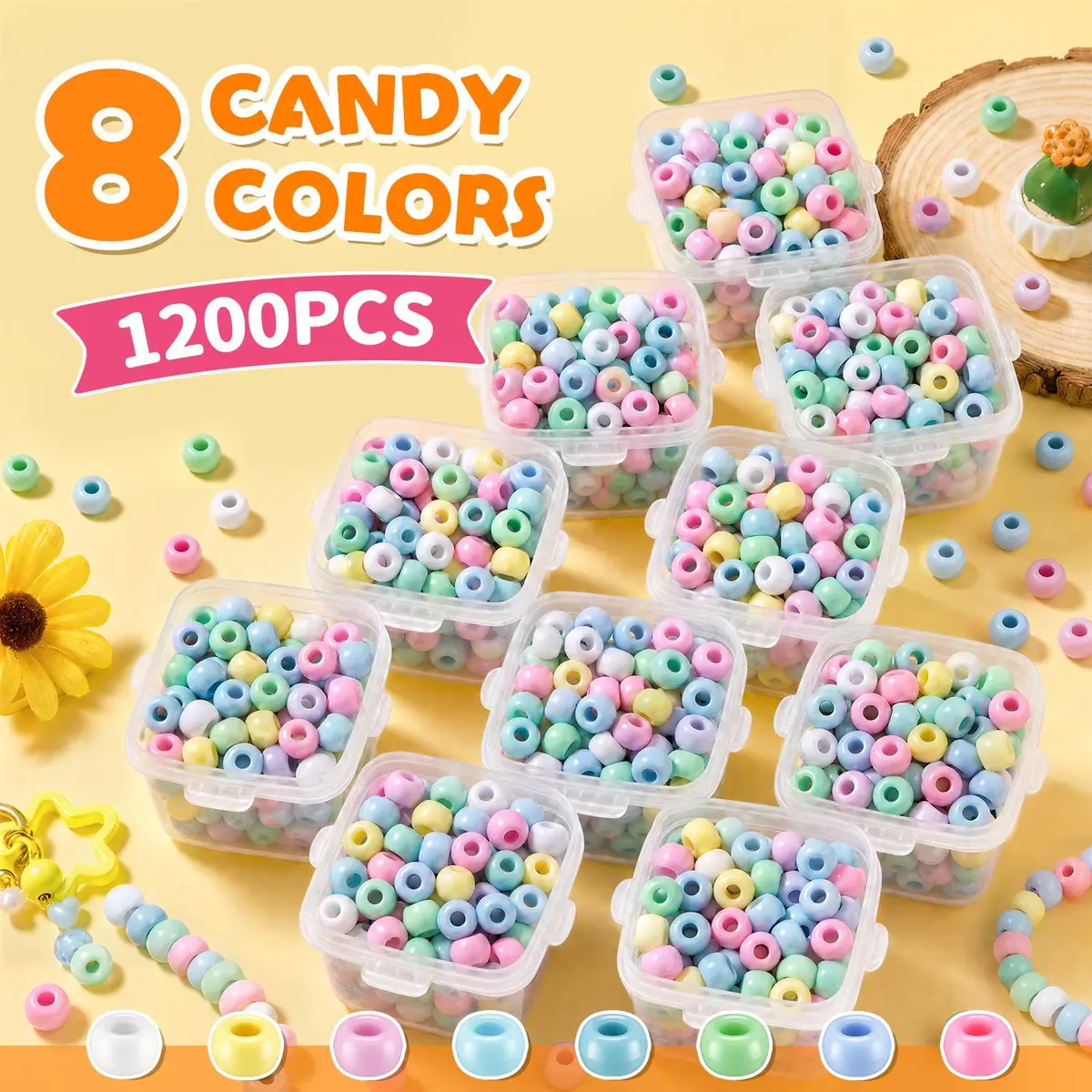 Simetufy Pony Beads 1200 pcs Macaron Pastel Colored Beads for Crafts | 6x9mm Plastic Beads for Jewelry & DIY Projects - view 3
