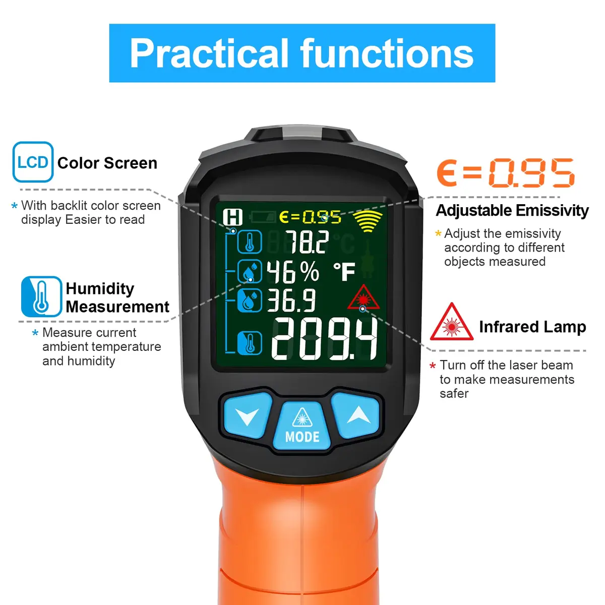 Temirup Infrared Thermometer Gun -58°F to 1472°F | Non Contact Digital Laser Temp Gun with Color LCD - view 5