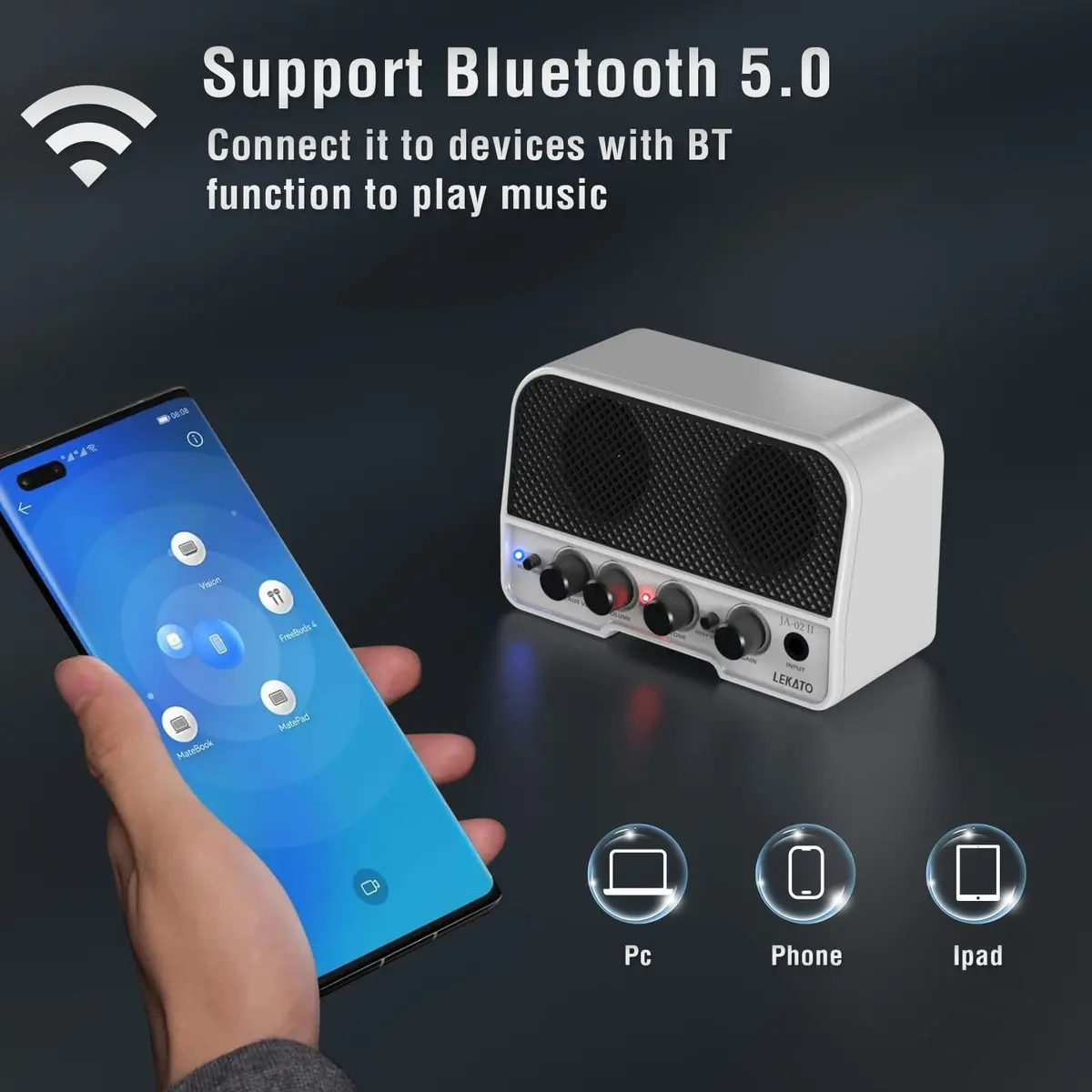 LEKATO Mini Guitar Amp 5W White | Rechargeable, Portable, Wireless Bluetooth Practice - view 4