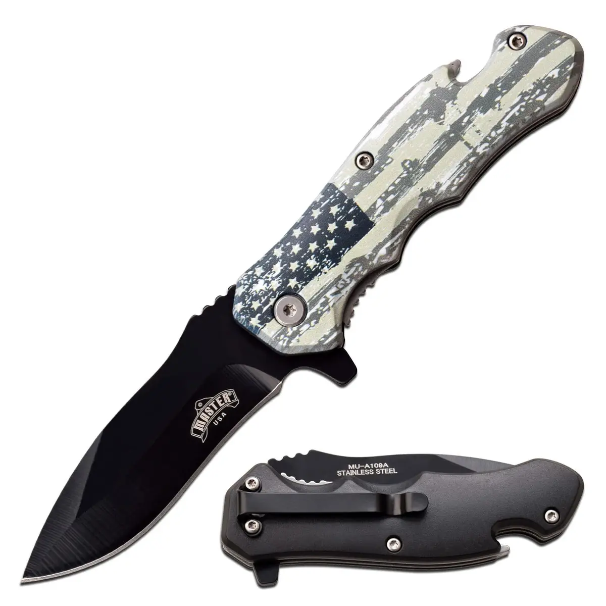 MASTER USA Spring Assisted Folding Knife 7.75in | Black Stainless Steel Blade, U.S. Flag Handle, Bottle Opener - main product image