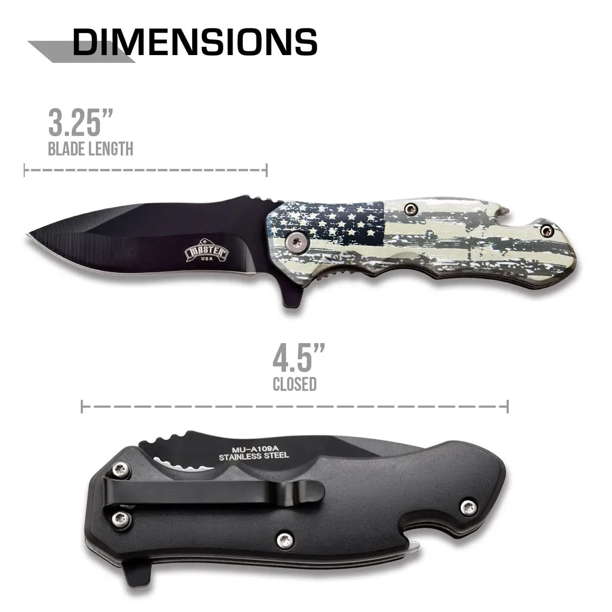 MASTER USA Spring Assisted Folding Knife 7.75in | Black Stainless Steel Blade, U.S. Flag Handle, Bottle Opener - view 2