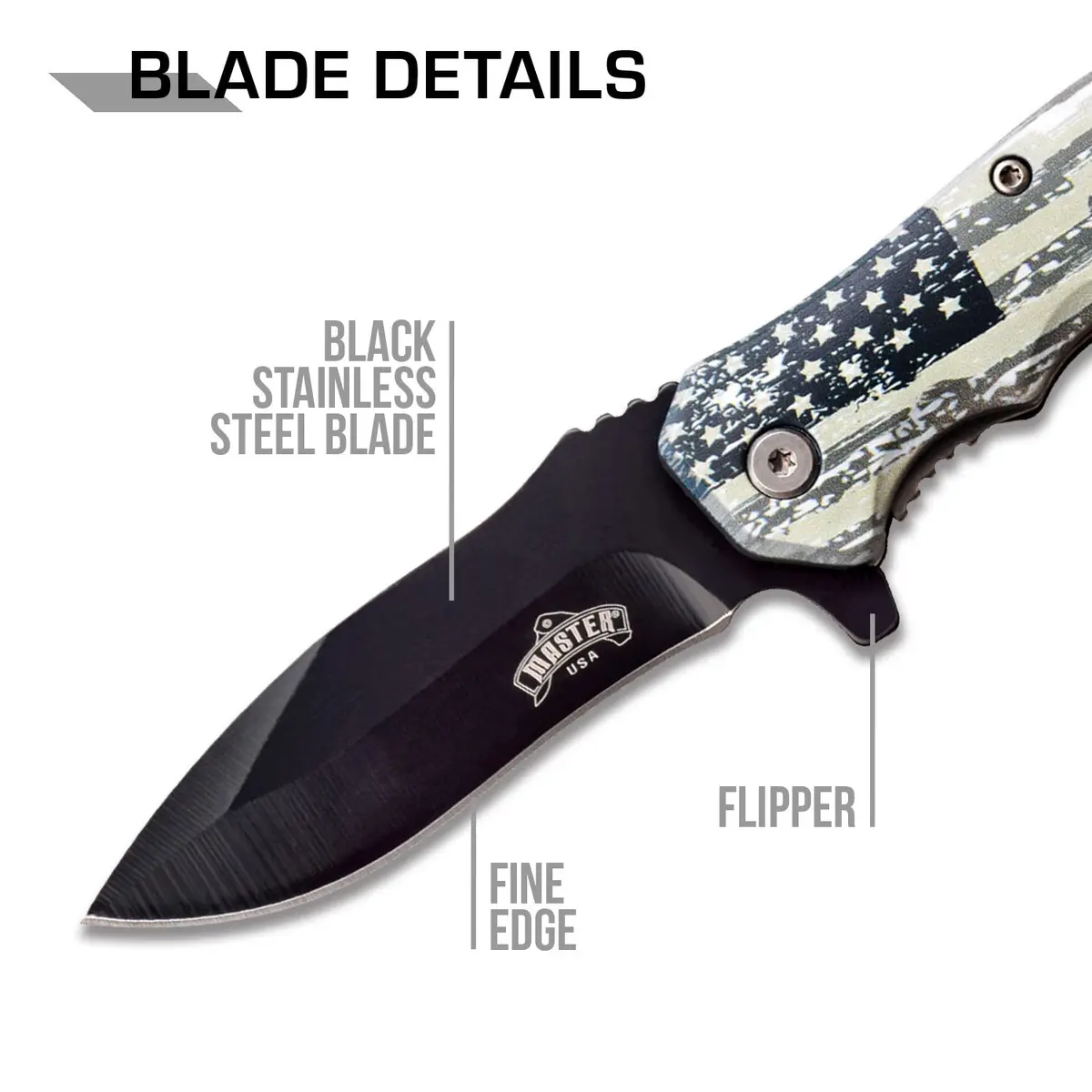 MASTER USA Spring Assisted Folding Knife 7.75in | Black Stainless Steel Blade, U.S. Flag Handle, Bottle Opener - view 3
