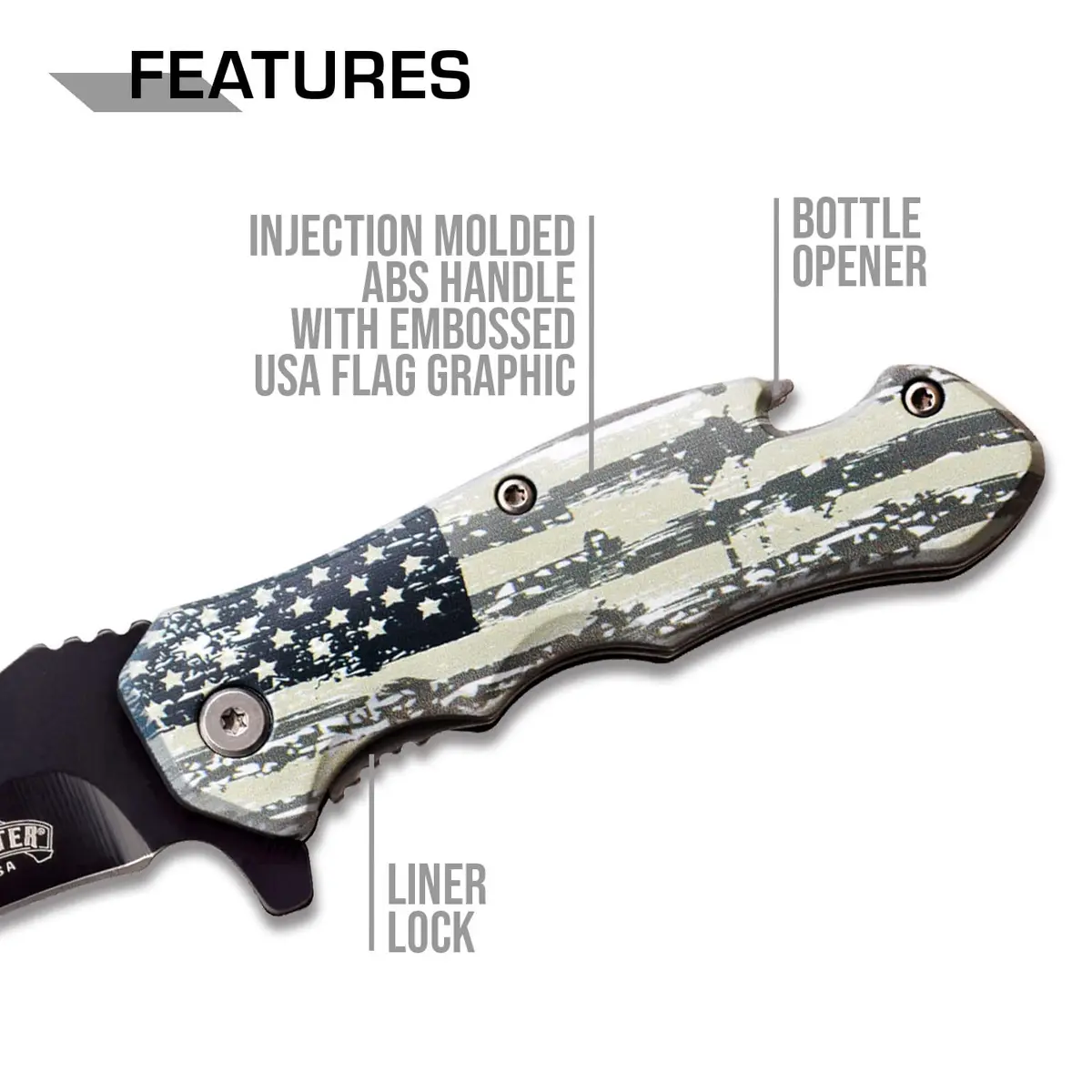 MASTER USA Spring Assisted Folding Knife 7.75in | Black Stainless Steel Blade, U.S. Flag Handle, Bottle Opener - view 4