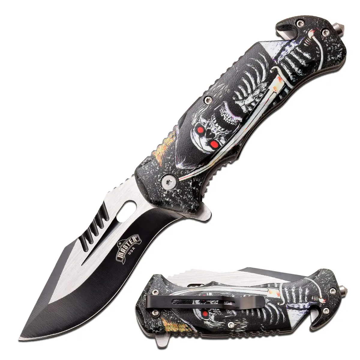 MASTER USA Pocket Folding Knife 3.8" Drop Point Blade | Tactical EDC Self Defense Skull - main product image