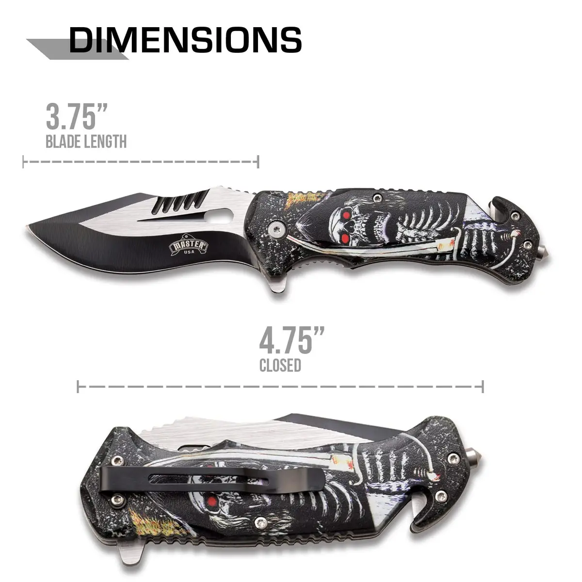 MASTER USA Pocket Folding Knife 3.8" Drop Point Blade | Tactical EDC Self Defense Skull - view 2