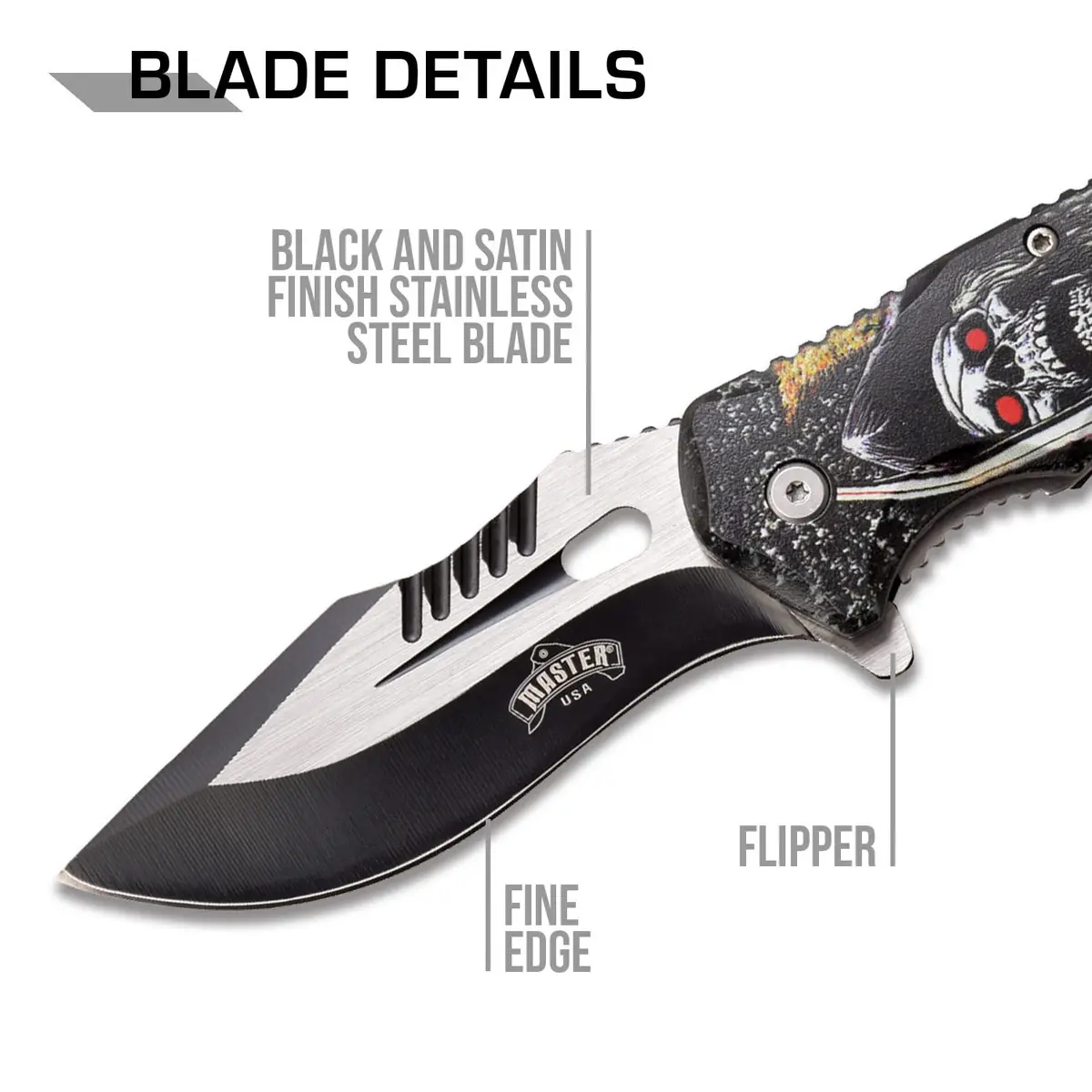 MASTER USA Pocket Folding Knife 3.8" Drop Point Blade | Tactical EDC Self Defense Skull - view 3