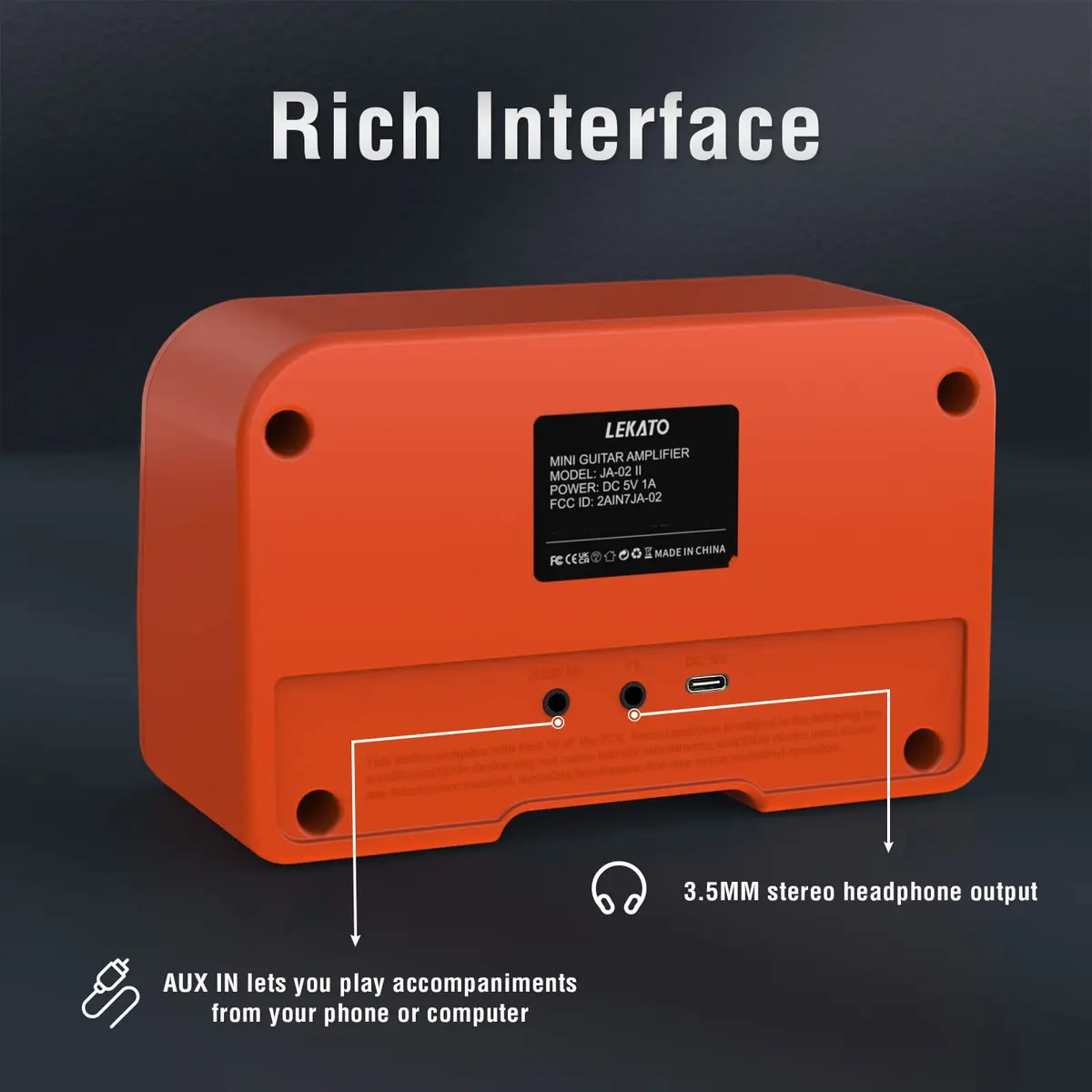 LEKATO Mini Guitar Amp 5W Orange | Rechargeable, Portable, Wireless Bluetooth Practice Amp - view 3