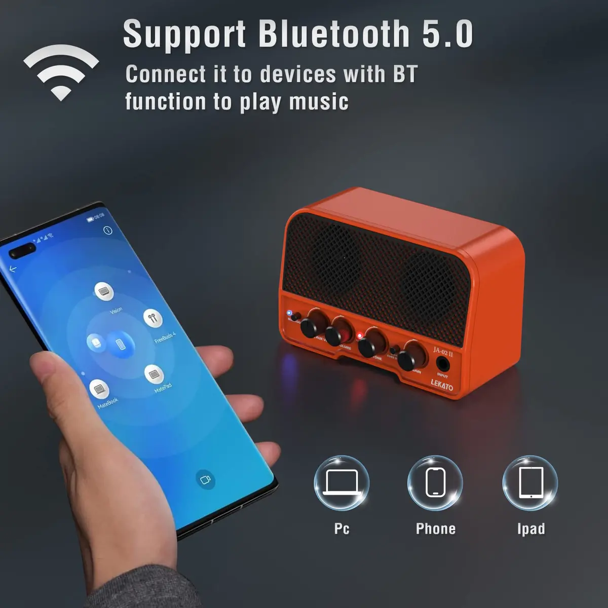 LEKATO Mini Guitar Amp 5W Orange | Rechargeable, Portable, Wireless Bluetooth Practice Amp - view 4