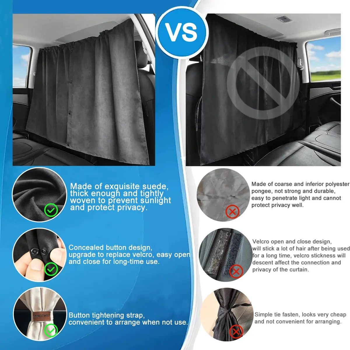 MEEWOO Blackout Suede Car Divider Privacy Curtain Large | Blocks UV Sunlight & Creates Private Space - view 2
