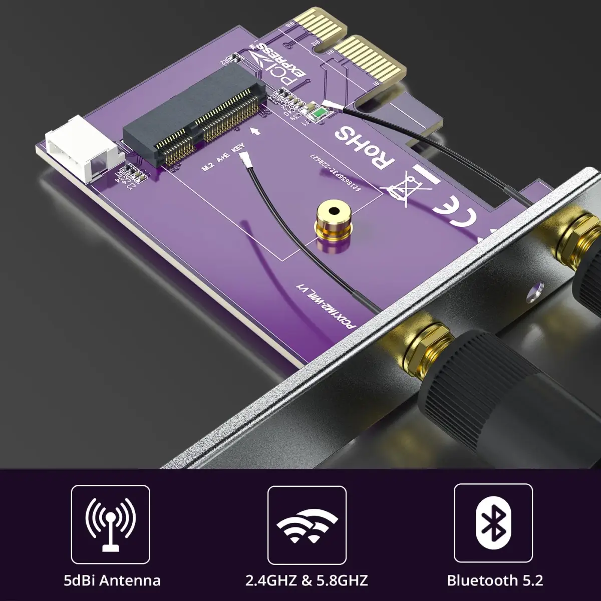 10Gtek PCIe x1 to M.2 WiFi Bluetooth Adapter Card | Supports A+E Key NGFF Modules, Dual-Band 2.4/5GHz, 2X 5dBi Antennas - view 7