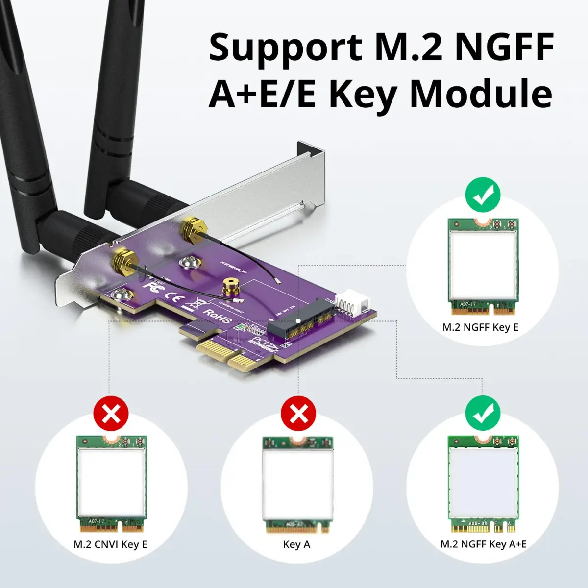 10Gtek PCIe x1 to M.2 WiFi Bluetooth Adapter Card | Supports A+E Key NGFF Modules, Dual-Band 2.4/5GHz, 2X 5dBi Antennas - view 4