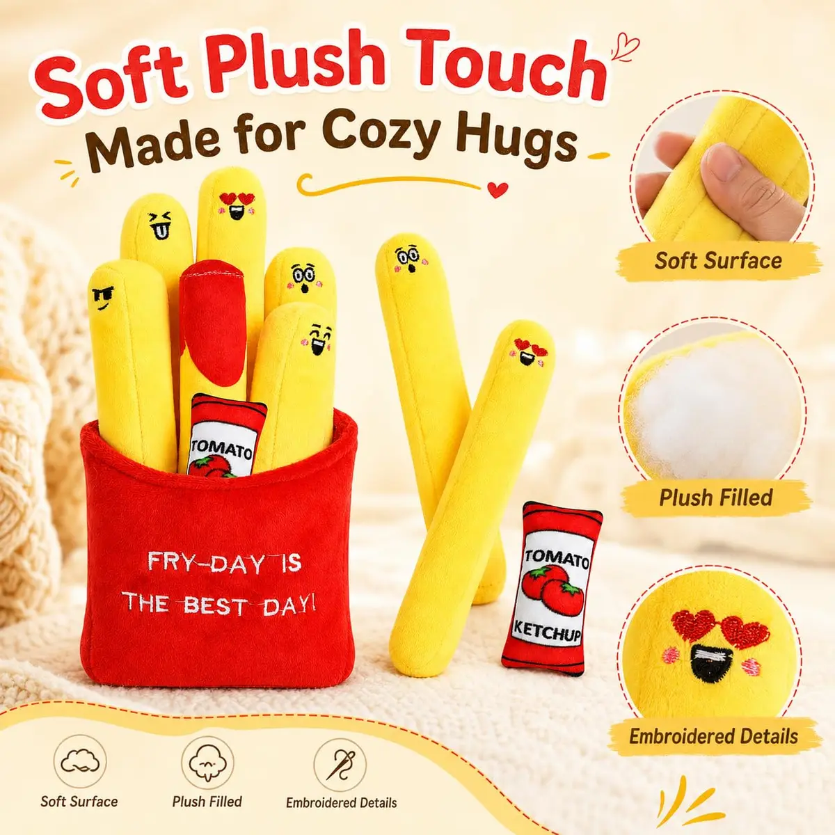 ChezMax French Fries Plush Pillow | Cute Food Plushie for Kids & Adults, 7.25 x 12 inches - view 3