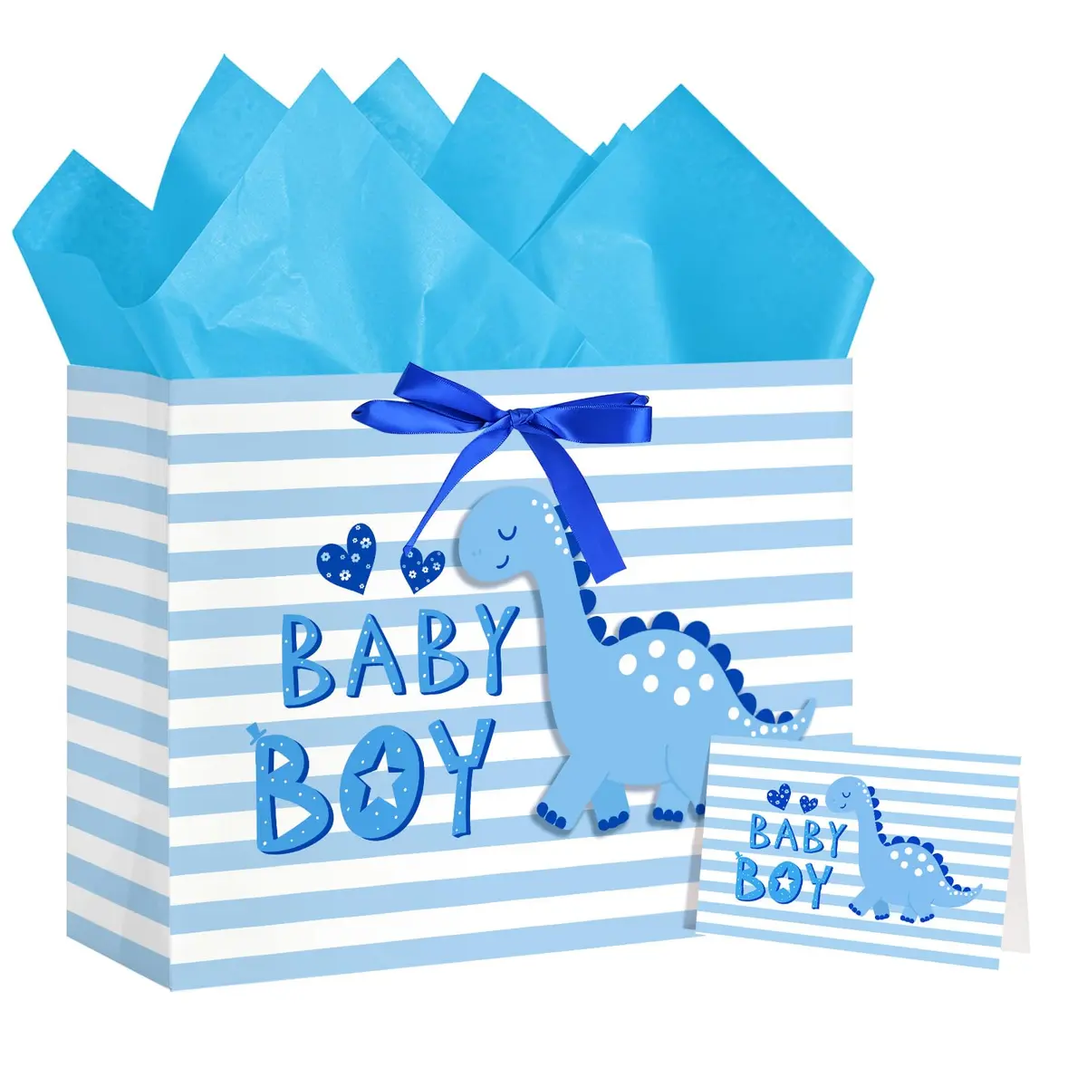 Loveinside Baby Boy Gift Bag Blue Dinosaur Design 13" x 10" x 5" | Baby Shower Gift Bag with Tissue & Greeting Card - main product image