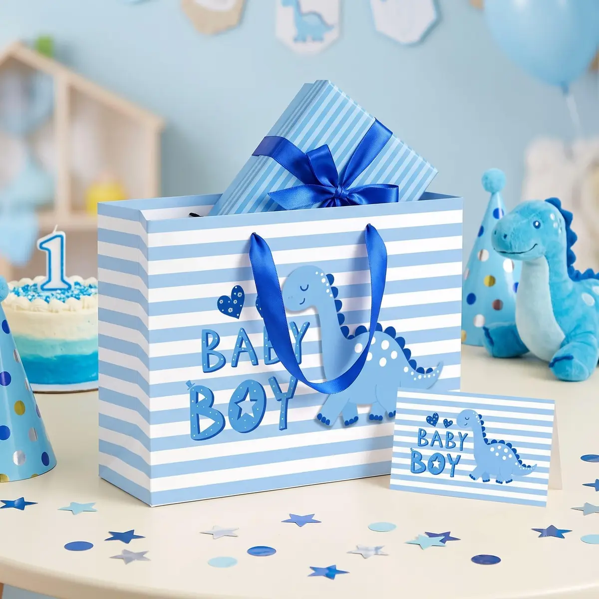 Loveinside Baby Boy Gift Bag Blue Dinosaur Design 13" x 10" x 5" | Baby Shower Gift Bag with Tissue & Greeting Card - view 5