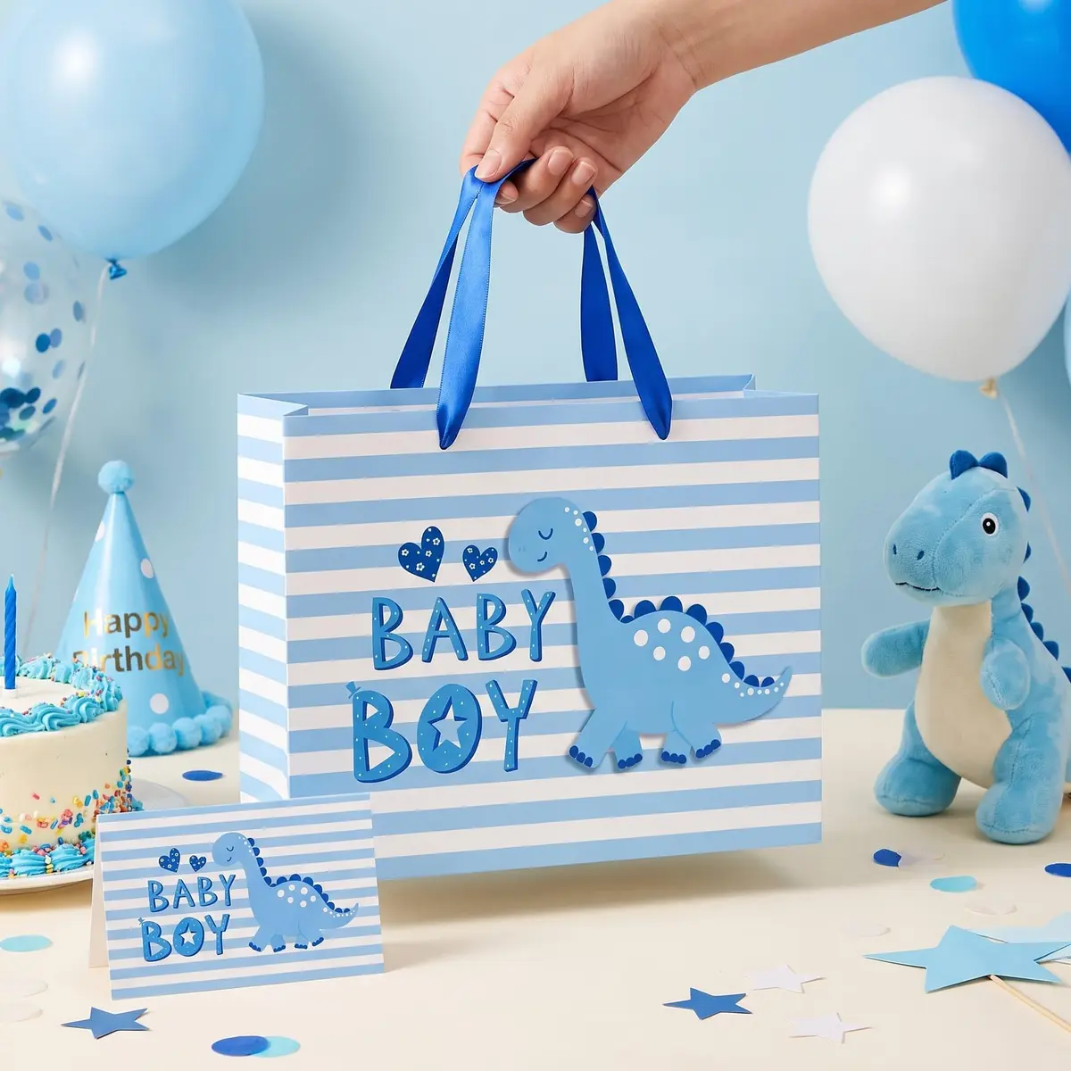 Loveinside Baby Boy Gift Bag Blue Dinosaur Design 13" x 10" x 5" | Baby Shower Gift Bag with Tissue & Greeting Card - view 6