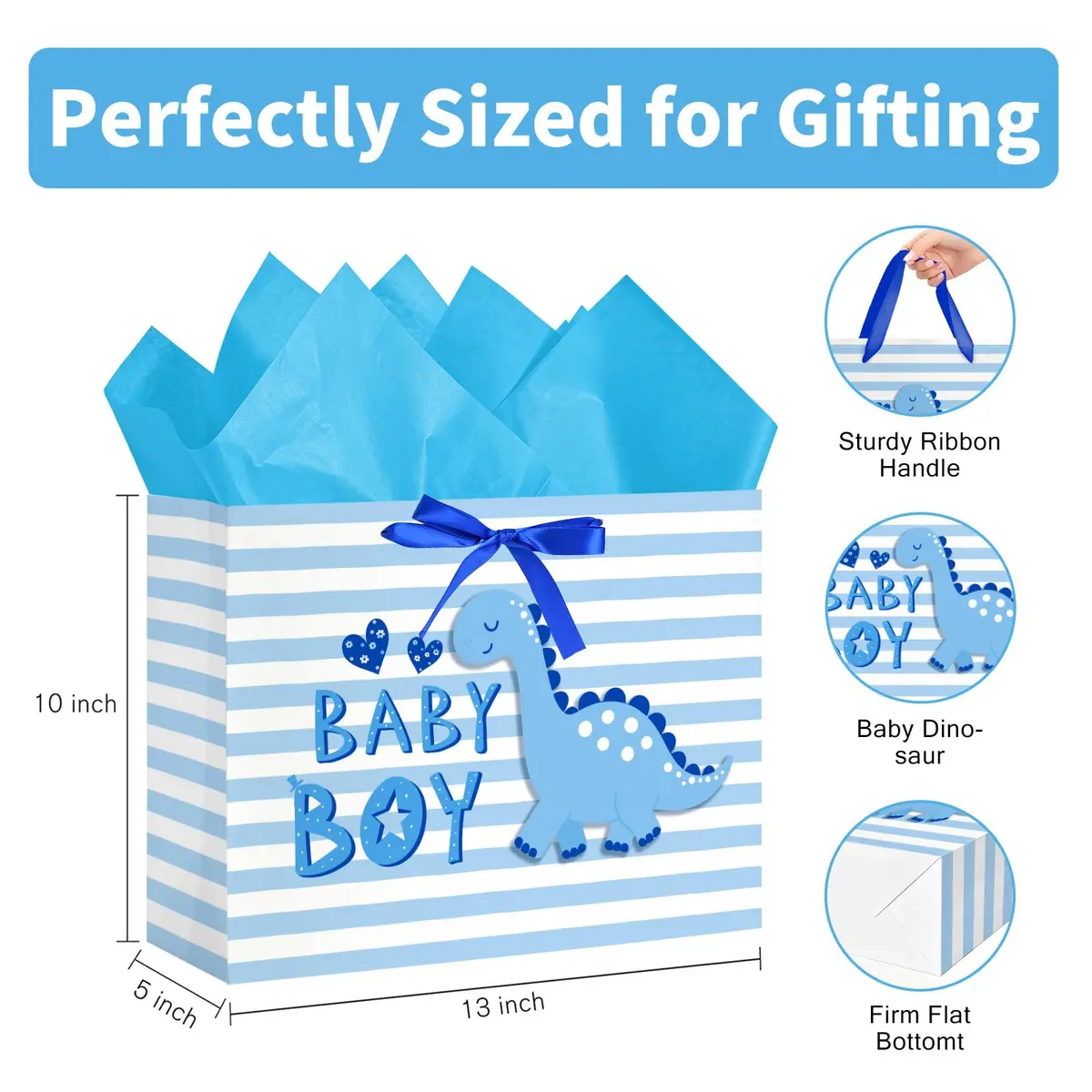 Loveinside Baby Boy Gift Bag Blue Dinosaur Design 13" x 10" x 5" | Baby Shower Gift Bag with Tissue & Greeting Card - view 2