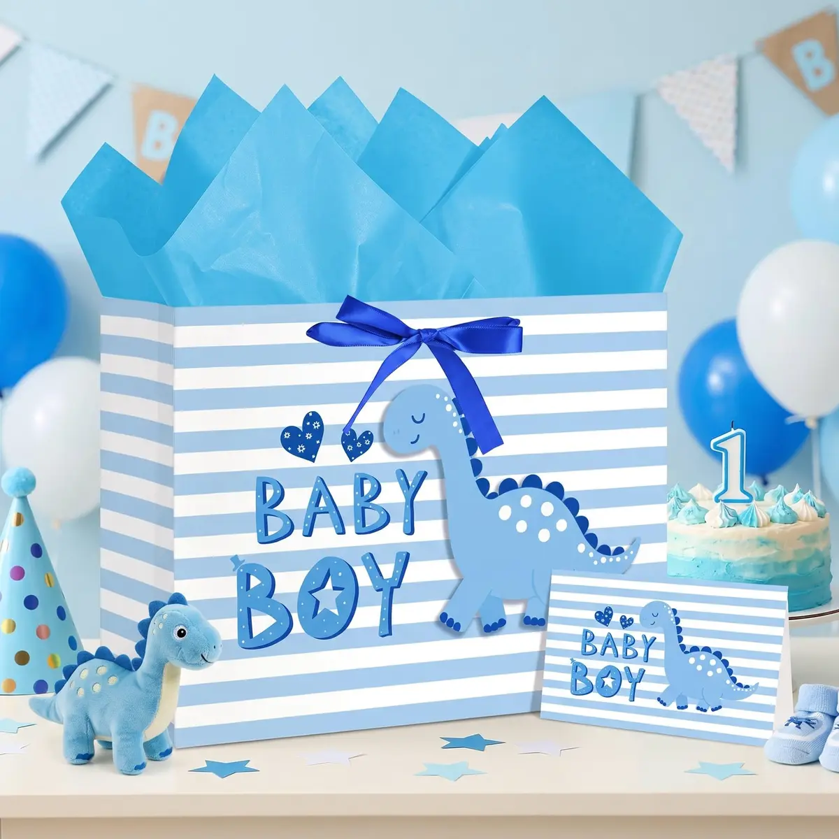 Loveinside Baby Boy Gift Bag Blue Dinosaur Design 13" x 10" x 5" | Baby Shower Gift Bag with Tissue & Greeting Card - view 3