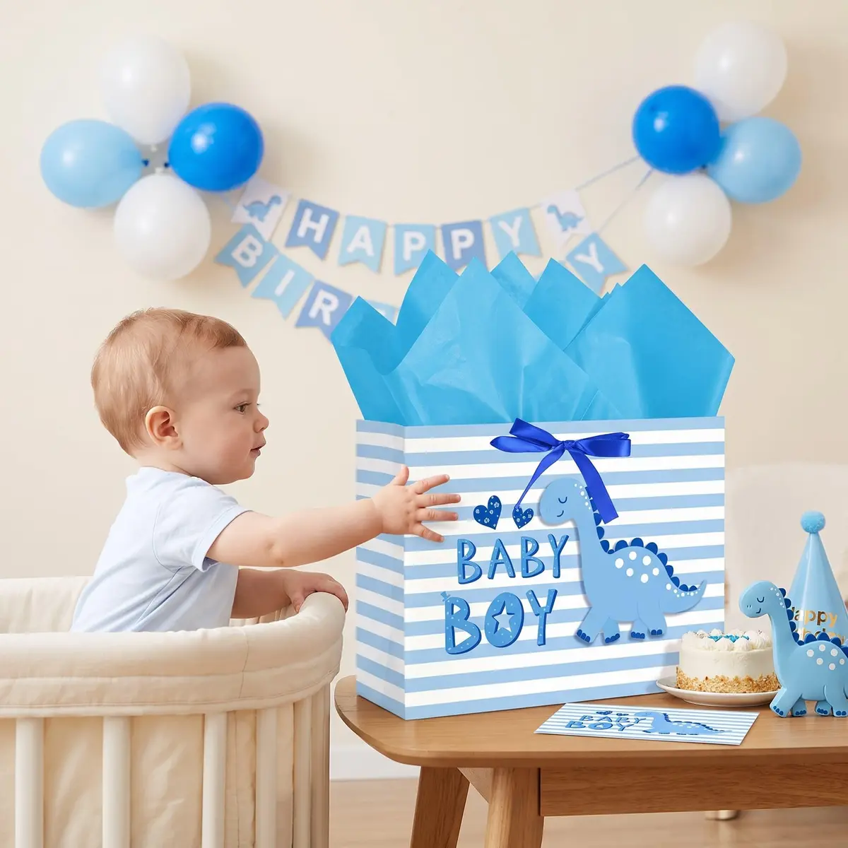 Loveinside Baby Boy Gift Bag Blue Dinosaur Design 13" x 10" x 5" | Baby Shower Gift Bag with Tissue & Greeting Card - view 4