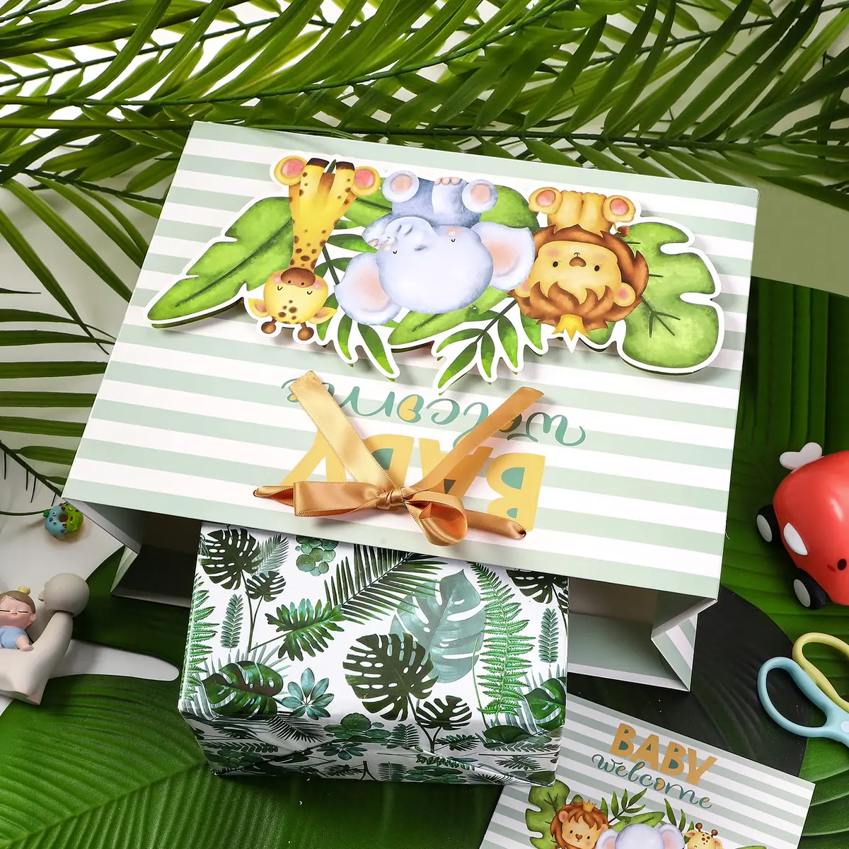 Loveinside Baby Gift Bag with Tissue Paper and Greeting Card 13" x 10" x 5" | Unisex-Green Animal - view 5